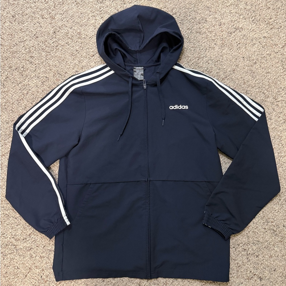 Adidas Men's Dark Blue Windbreaker with White Accents